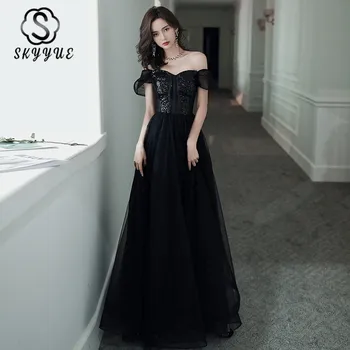 

Skyyue Black Sequin Evening Dresses Off The Shoulder Women Party Gowns A-Line Long Vestidos De Fiesta Short Sleeve Formal Dress