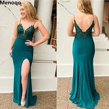 Гламурные Вечерние платья на тонких бретелях с v-образным вырезом, платья для выпускного вечера с аппликацией, Длинные вечерние платья с открытой спиной и разрезом