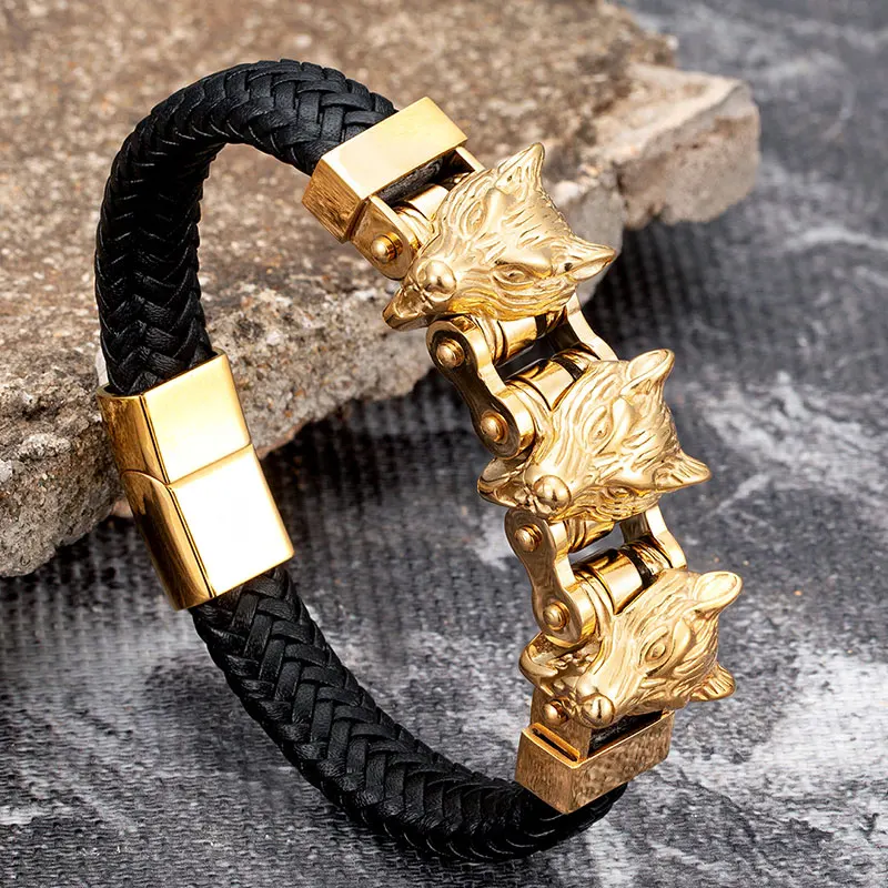 

Gold Wolf Head Stainless Steel Men Leather Bracelet Punk Accessories Magnetic Fashion Wristband Jewelry Wholesale Friends Gifts