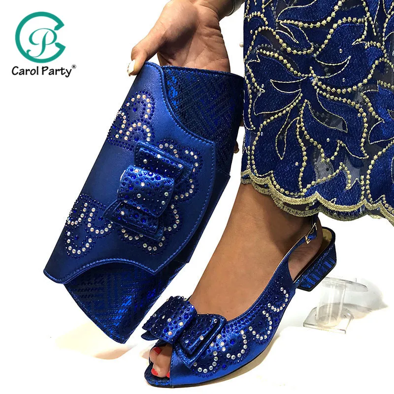 Комплект из туфель и сумочки синего цвета, новинка года, комплект из женской обуви и сумочки, свадебные туфли на низком каблуке в африканском стиле Итальянская обувь с сумочкой в комплекте