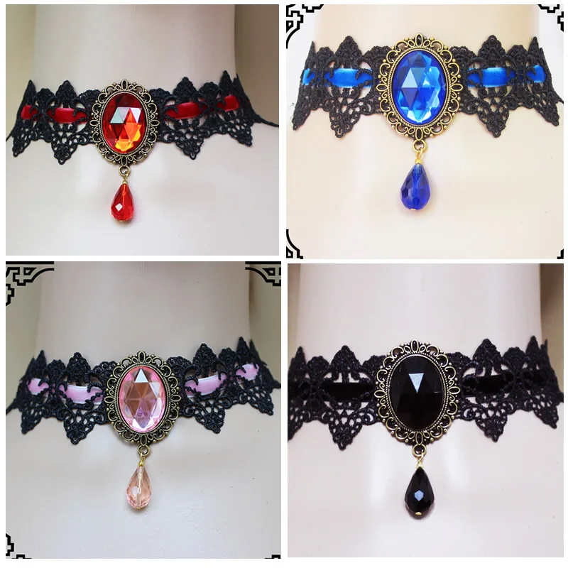 2021 fashion Black Lace Choker Collar Gothic Victorian Crystal