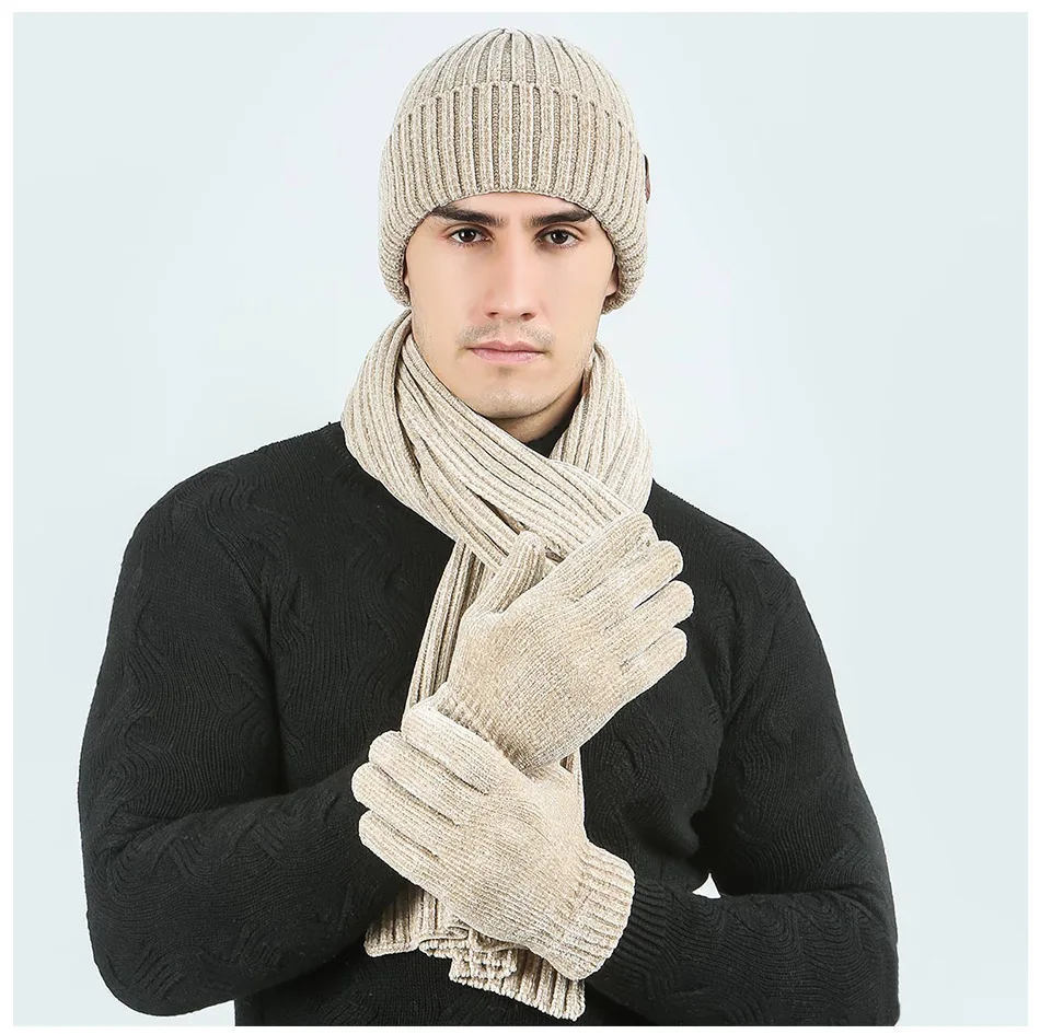 3 комплекта вязаная зимняя шапка, шарф перчатки для женщин и мужчин толстые перчатки с сенсорным экраном мягкая удобная теплая шапка бини кольцо шарфы