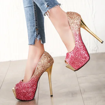 

Exceed Evening 14cm Fine With Paillette Peep-toe High-heeled Shoes Go Excellent Sexy Set Foot Platform Shallow Mouth Fish