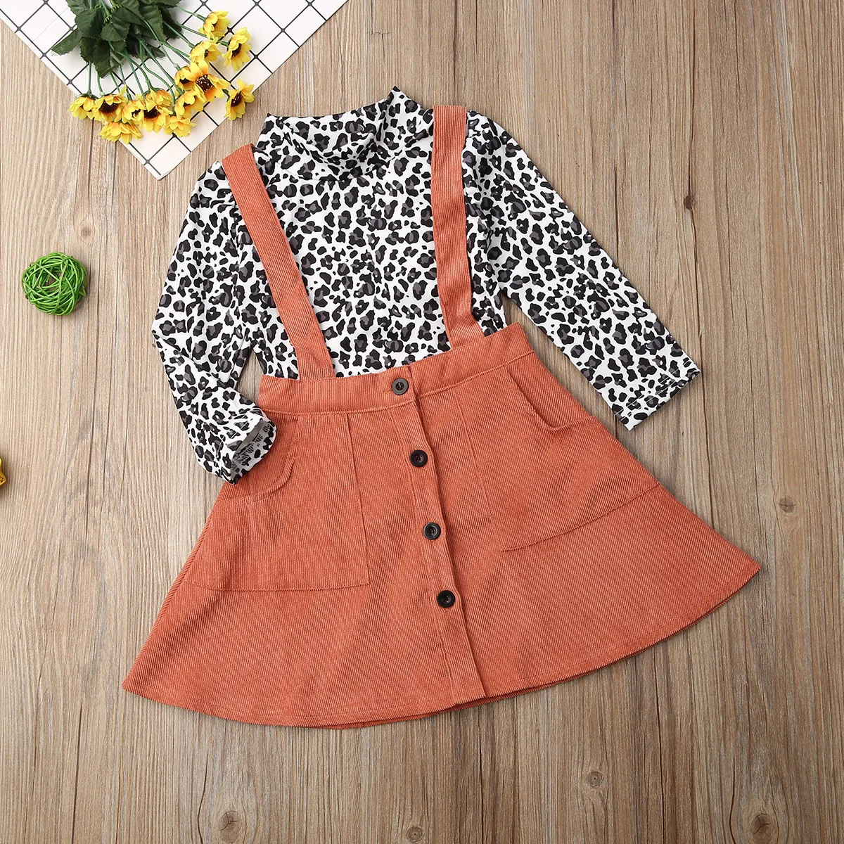 Toddler Kid Baby Girl Clothes Long Sleeve Leopard Top T-shirt Strap Dress Autumn Girls Outfit Set