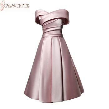 

Off the Shoulder Pink Cocktail Dresses Satin Short Prom Dresses Knee Length A Line Robes De Cocktail