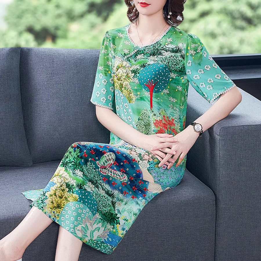 2020 Vintage Green Mulberry Silk Midi Dress Summer Fashion Loose 3XL Plus Size Runway Elegant Women Bodycon Party Vestidos | Женская