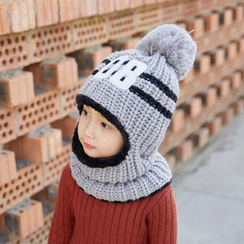 RUHAO/ модная шапка для родителей и детей, очень теплая зимняя Балаклава шерстяные шапочки, вязаная шапка и шарф для девочек и мальчиков 4-12 лет - Цвет: kids gray