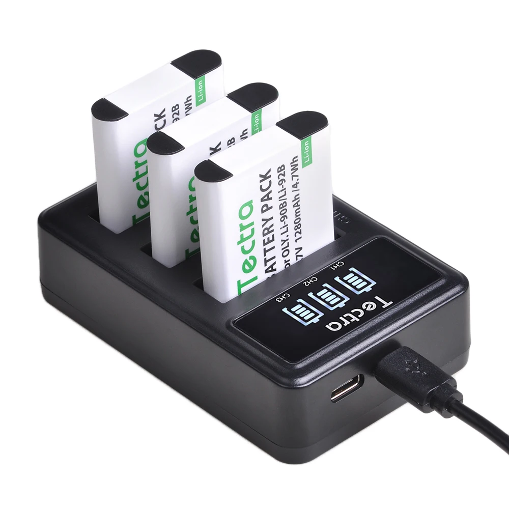 Tectra 3x1280mAh Li-90B 리튬 90B Li-92B Li92B 배터리 + 유형 C 포트 Olympus Tough TG-1 TG-2 TG-3 TG-4 TG5 TG6 SH50 iHS