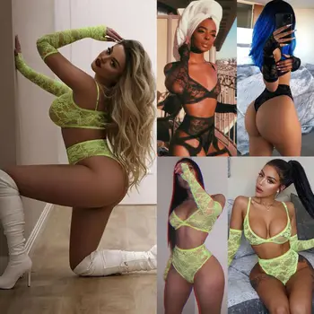 

New Style Women's Exotic Sets Sexy Lingerie Underwear Lace G-string Briefs Thong Shorts With Gloves V Neck Fashion Hot 2019
