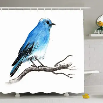

Shower Curtain Set with Hooks 72x72 Wing Blue Graphic Bird Garden Sitting White On Branch Drawing Animals Wildlife Watercolor