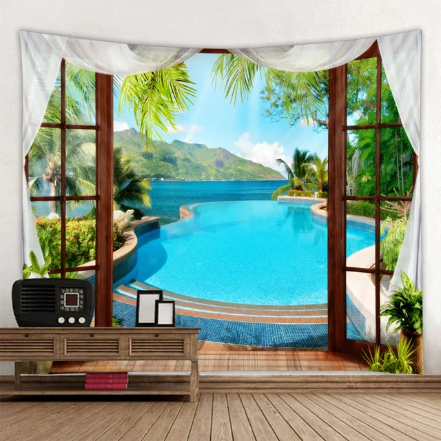 Seaside beach scenery natural beauty tapestry high definition printing wall dormitory decoration hanging cloth