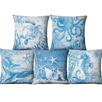 

Single-sided Printing Linen Decorative Blue Sea Cushion Cover Marine Animals Ocean Throw Pillow Case for Sofa Chair Car Couch