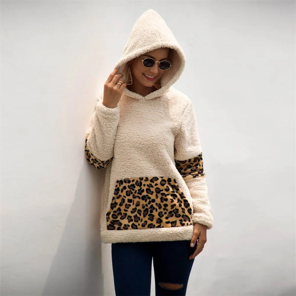 

Women Leopard Fleece Sweater Sherpa Hooded Patchwork Sexy Leopard Pullover Female 2019 Winter Christmas Party Fluffy Sweaters