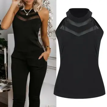 

Vintage Women 2020 Summer Halter See-through Mesh Striped Insert Sleeveless High Street Vest T-shirt Tops Fashion NEW
