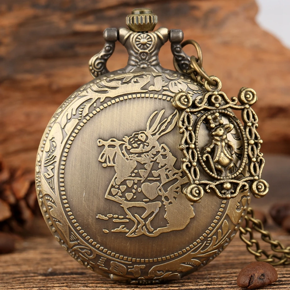 Retro Bronze Dream Alice in Wonderland Rabbit Poker Carousel Accessory Quartz Pocket Watch Chain Necklace Pendant for Girl Women