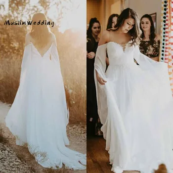 

White Caftan Dubai Wedding Dress Boho Off The Shoulder Sexy Backless Chiffon Beach Wedding Dresses 2020 Autumn Lace Bride Skirt