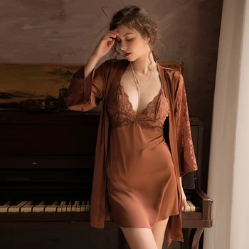 

Sexy Mousse Ice Slik Long Sleeve Lace Bathrobe Homewear Women Sleepwear Deep V Spaghetti Strap Nightdress Dressing Gowns 2 Suit