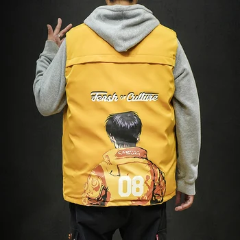 

M-5XL Autumn Winter Print Cartoon Thick Mens Vest Sleeveless Jacket Faishon Vest For Men Body Warmer Mens Gilet Hooded Cotton