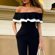 

Office Ladies New Colorblock Ruffles Bodycon Slim Fit Black Jumpsuits 2021 Summer Women Off Shoulder Jumpsuit Skinny Streetwear