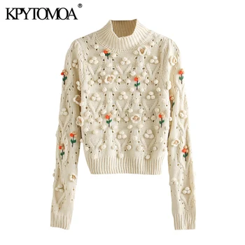 

KPYTOMOA Women 2020 Fashion Floral Appliques Cropped Knitted Sweater Vintage High Collar Long Sleeve Female Pullovers Chic Tops