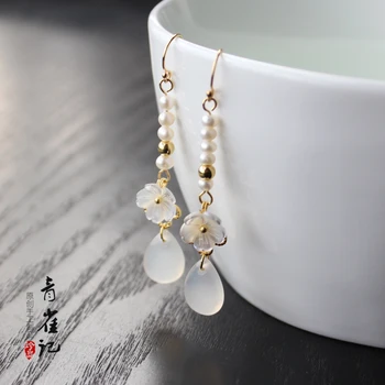 

Freshwater Pearls White Chalcedony Antique Style Ancient Costume Chinese Clothing Accessories Clip-on Earrings Ear Hook