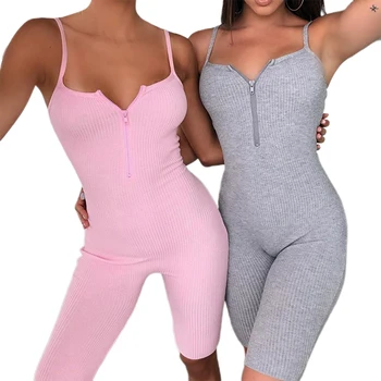 

Women's Sexy Zipper V Neck Bodycon Romper Ladies Summer Strappy Jumpsuit One Piece Playsuit Trousers