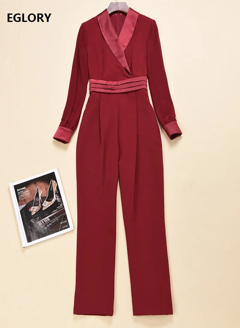 

High Quality Jumpsuits & Rompers 2020 Autumn Style Women Notched Collar Color Block Patchwork Long Sleeve Skinny Pants Overalls