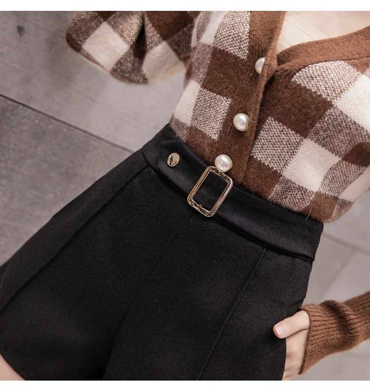 Модные плотные теплые шорты для женщин осень зима широкие тонкие металлические пряжки Высокая талия женские шерстяные шорты женские офисные шорты