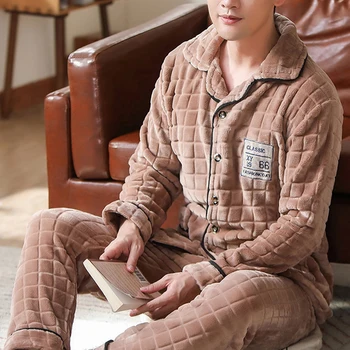 

2020 Spring Home Thick Warm Blue Flannel Sets for Men Long Sleeve Coral Velvet Sleepwear Suit Loungewear Homewear