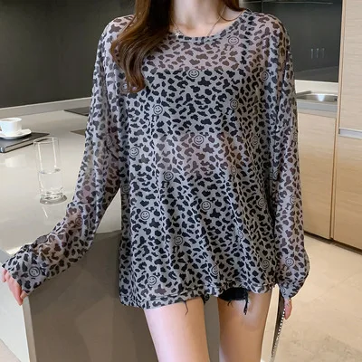 Disney 2021 Summer Famous Anime Mickey Mouse Brand Mesh Shirt Women Sun Protection Transparent Long Sleeve Blouse Ladies T-shirt 3743 dark Gray