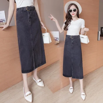 

Women Autumn Split Midi Skirts Sashes Skirts High Waist Denim Skirt Pockets Blue Jeans Skirt 2019 Hot Sale