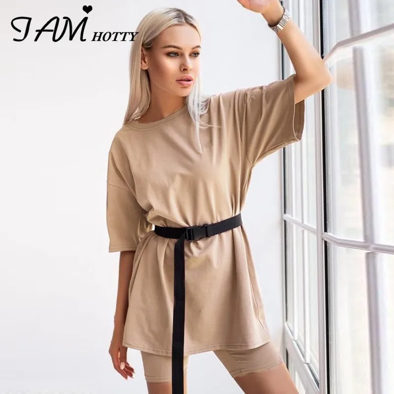 IAMHOTTY Casual Solid Basic Oversized Tshirt Shorts Tracksuit Women Tops With Belt Fitness Plus Size Two Piece Set Clothes Summe | Женская
