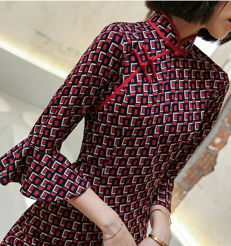 Женское Короткое платье Чонсам с расклешенными рукавами, S-3XL, весеннее платье в китайском стиле, мини-платье с воротником-стойкой, женское тонкое платье для вечеринок