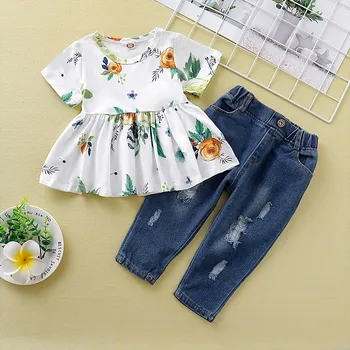 

Baby Kids Girl clothes ropa niña одежда для новорожденных Short Sleeve Floral Print T-shirt Tops+Ripped Jean Pants Outfits