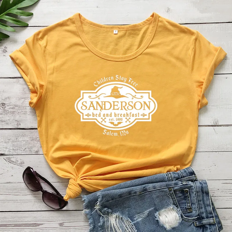 Sanderson sister с графическим принтом, Новое поступление, женская летняя забавная Повседневная футболка из хлопка, Хэллоуин рубашка, топы - Цвет: yellow-white text
