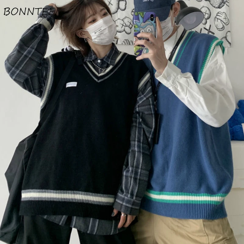 Suéter de retales para hombre, chaleco con cuello en V elegante, suéteres sin mangas para parejas, estilo coreano, moda Retro, adolescentes, prendas de vestir BF, 3XL