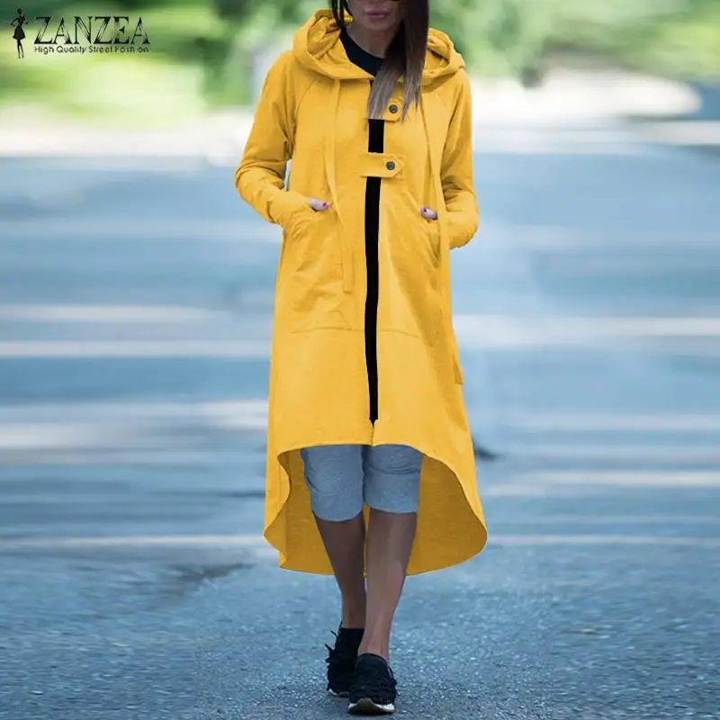 New  ZANZEA Women Irregular Hem Coats Casual Solid Jackets Female Long Outwear Side Pockets Zip Overcoat