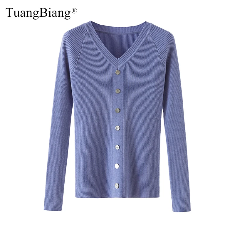 

Women V-Neck Sexy Button Rib Sweater Ladies Blue Pullover Casual Slim Bottoming Sweaters Female Elastic Cotton Long Sleeve Tops