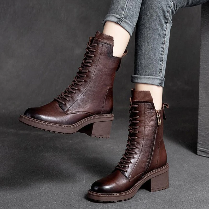 Women Ankle Boots Cow Leather Autumn Winter Square Med Heel Lace Up Zipper Pumps Size 35-40
