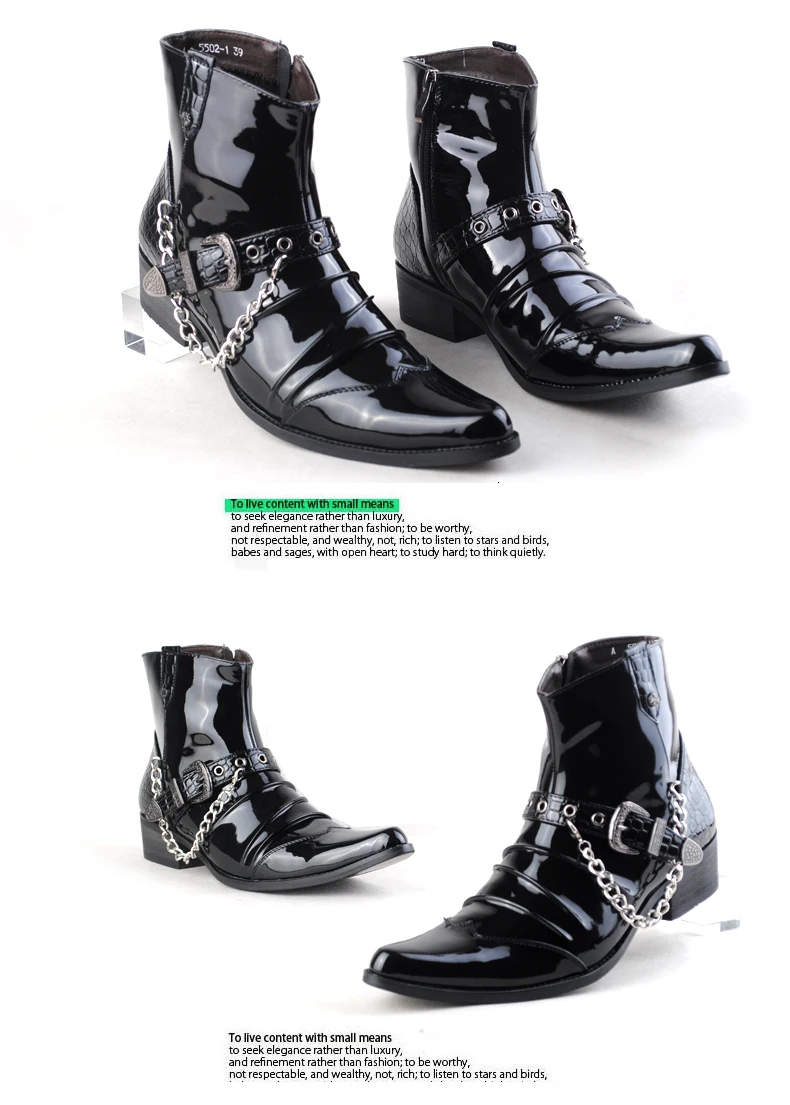 Ботильоны из натуральной кожи; мужские мотоциклетные ботинки в стиле панк на среднем каблуке с металлической цепочкой; Мужские ботинки в стиле рок с острым носком