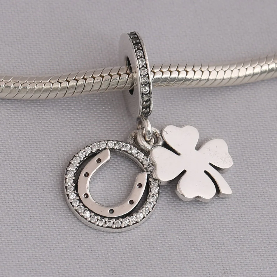 

925 Sterling Silver Pendant DIY Jewelry Lucky Day Clover Dangle Charm fit Pandora Bracelet Bangle Girl Gift Clear CZ