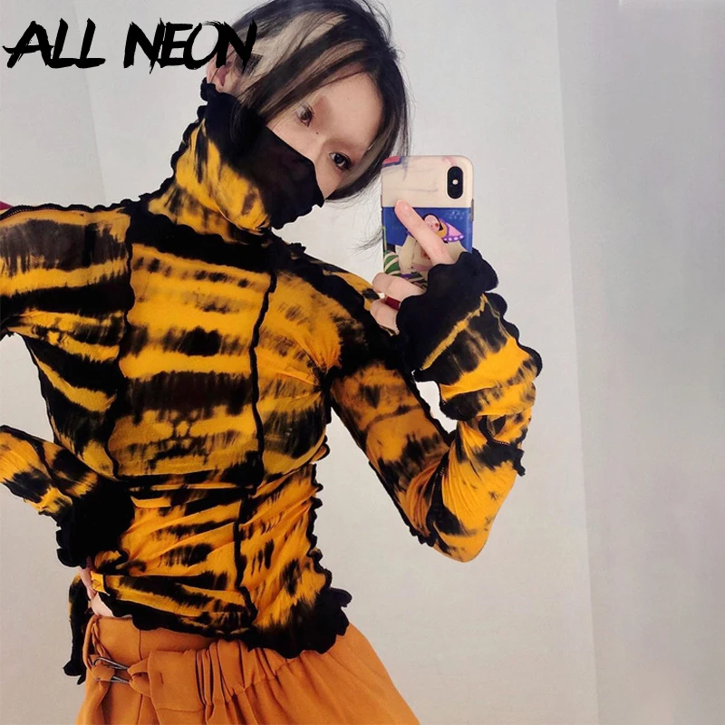 

ALLNeon Grunge Tie Dye Turtleneck Long Sleeve T-shirts Y2K Aesthetics Stitch Slim Ruffles Tops Vintage 90s Streetwear Autumn Tee