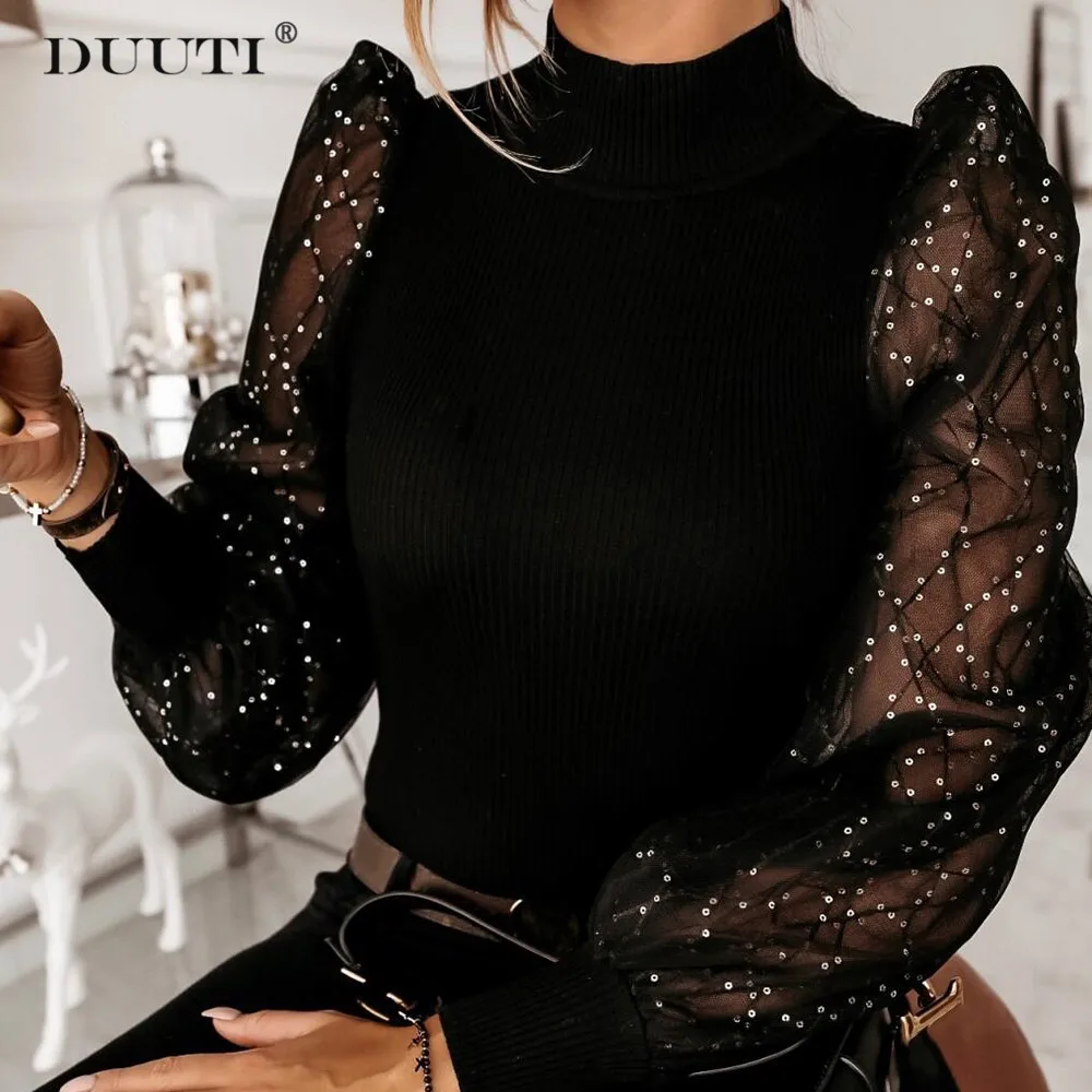 

Sequin Shiny Long Sleeves T shirt Women Sexy Patchwork Mesh Tops Black Spring Tee For Party Club D30