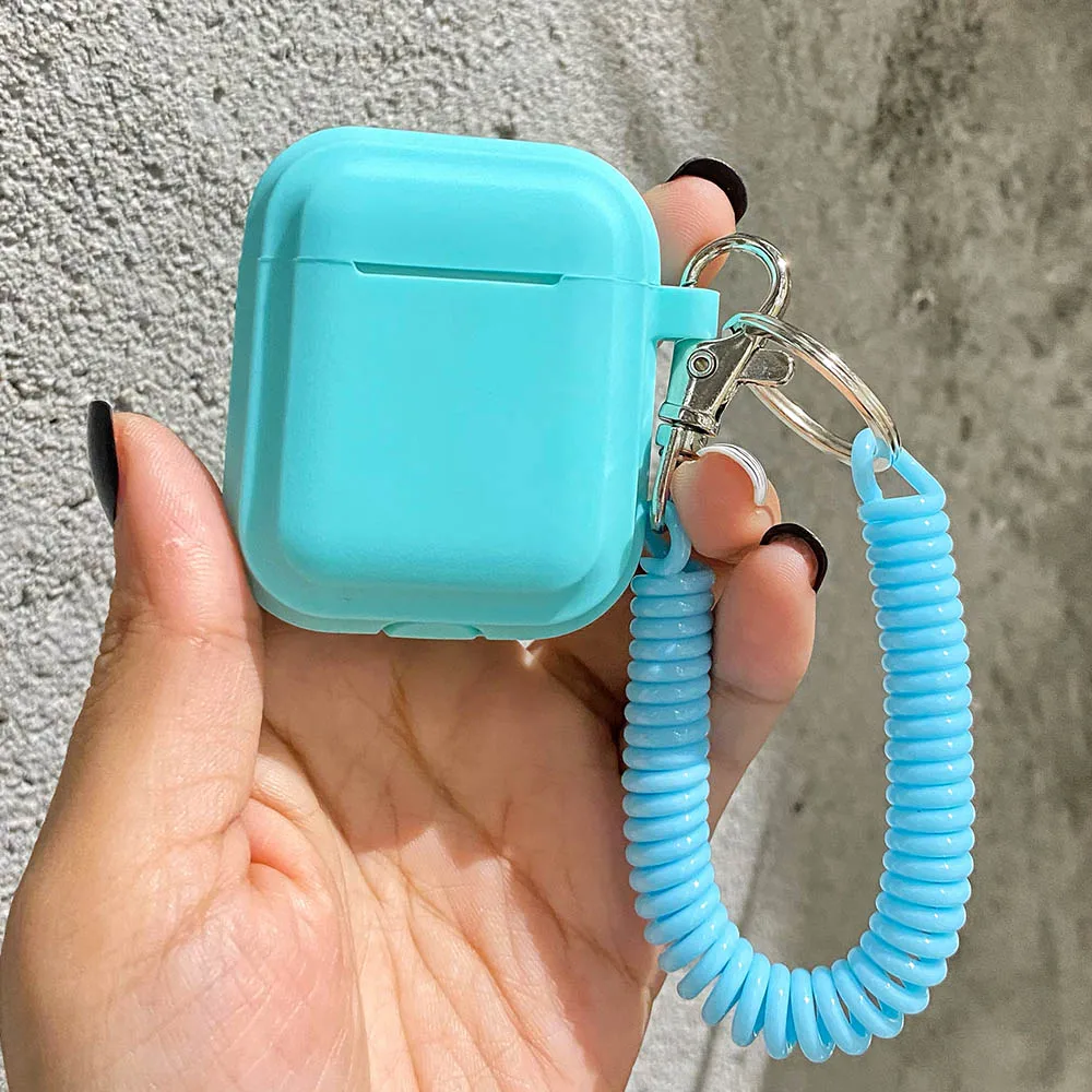 Silicone Solid Color Protective Earphone Cover For Apple Air Pods Pro 1/2 with Spring Flexible Chain Keyring Case