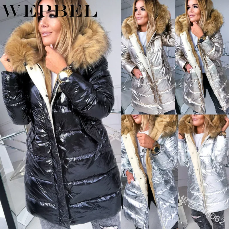

WEPBEL Causal Glossy Silver Down Jackets Winter Women's Long Fur Collar Hooded Coat Parkas Thick Winter Jacket Women Outwear