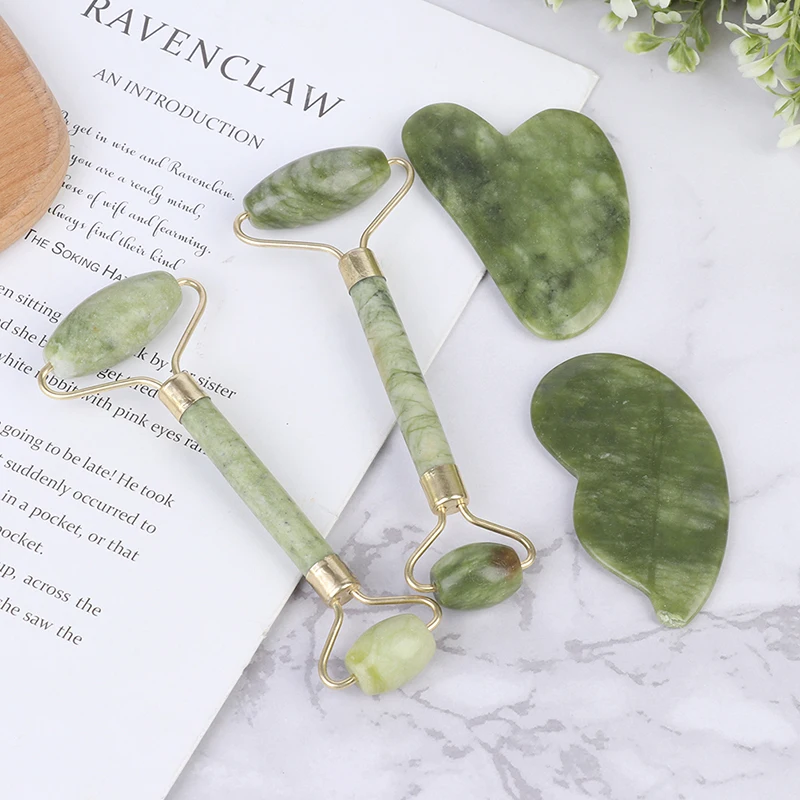 Double Heads Guasha Board Natural Jade Stone Face Lift Body Skin Relaxation Slimming Beauty Neck Thin Lift Facial Massage Roller