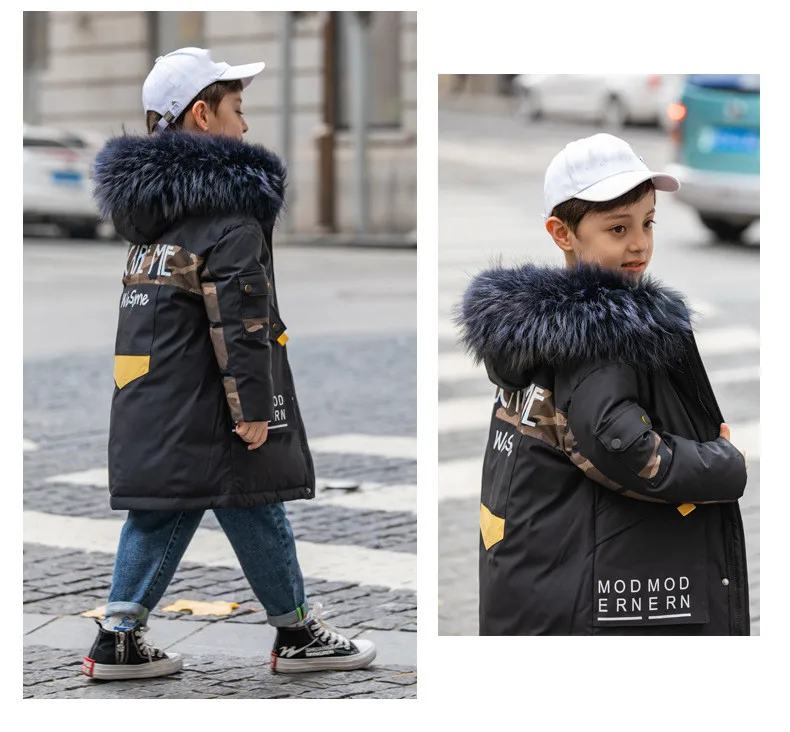 Детские брендовые утепленные пуховики с камуфляжным принтом для мальчиков; Зимние новые теплые длинные пальто; топы для подростков; детская верхняя одежда; От 6 до 16 лет; ws1197