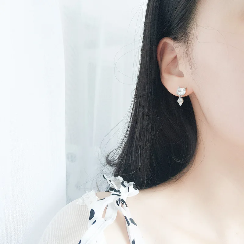SG 100% 925 Sterling Silver Cute zircon fox on white Stud earrings for Women Silver Small Earrings Fine Jewelry free shipping