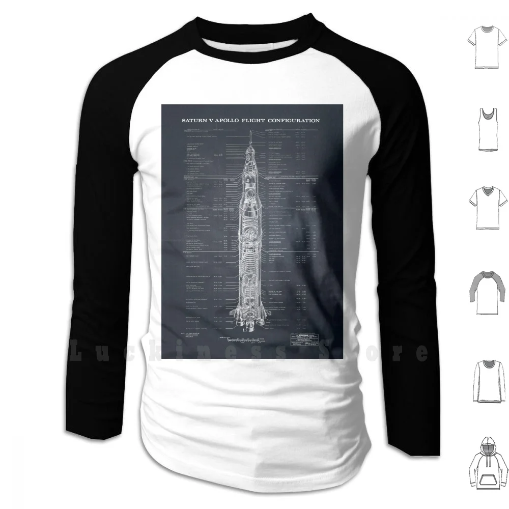 Apollo Saturn V Blueprint In Alta Risoluzione (Nero) Felpe Con Cappuccio Manica Lunga Rocket Apollo Saturno V Saturno