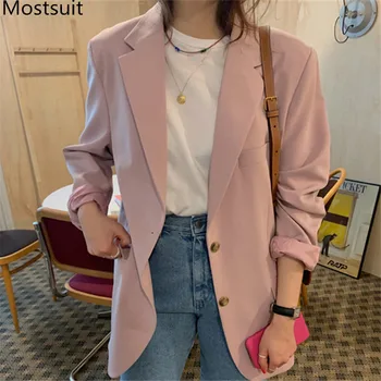 

Pink Korean Fashion Classic Blazer Coat Women Long Sleeve Single-breasted Pockets Solid Office Casual Jacket Blazers Femme 2020